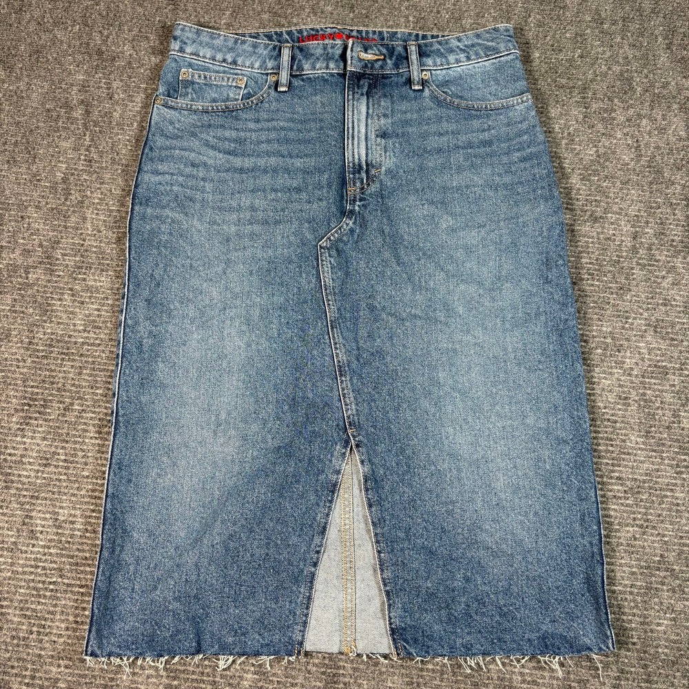 Lucky Brand Denim Midi Skirt Womens 10 Blue Excellent Raw Hem Front Slit